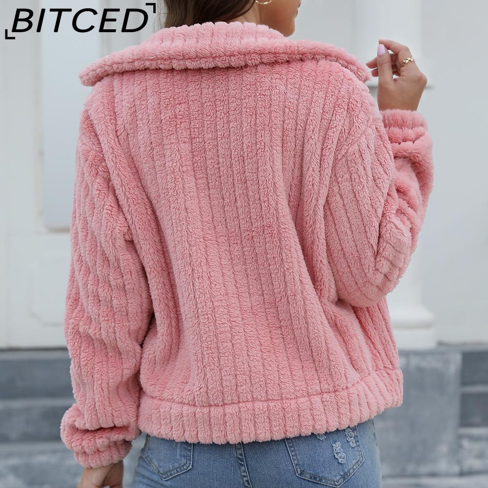 BITCED Women's Fall/Winter Ribbed Fleece Cardigan with Collar, Short-Length Jacket