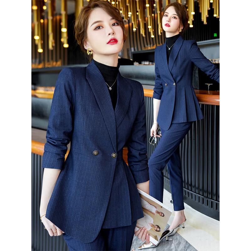 Trueman Women s Striped Ruffle Professional Suit Set S