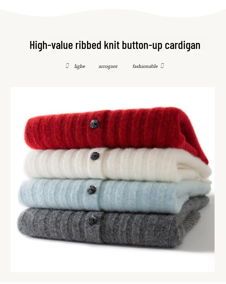 Women's Red Pure Cashmere Ribbed Knit Cardigan - Age-Defying Short Jacket with Lapel (2026)