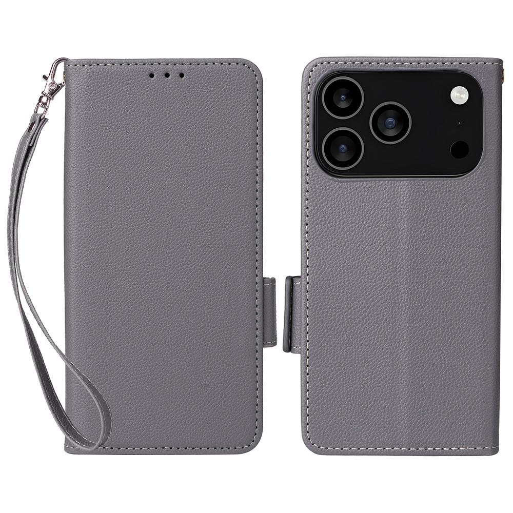 For iPhone 17 Pro Case with Wrist Strap Litchi Texture PU Leather Wallet Phone Cover