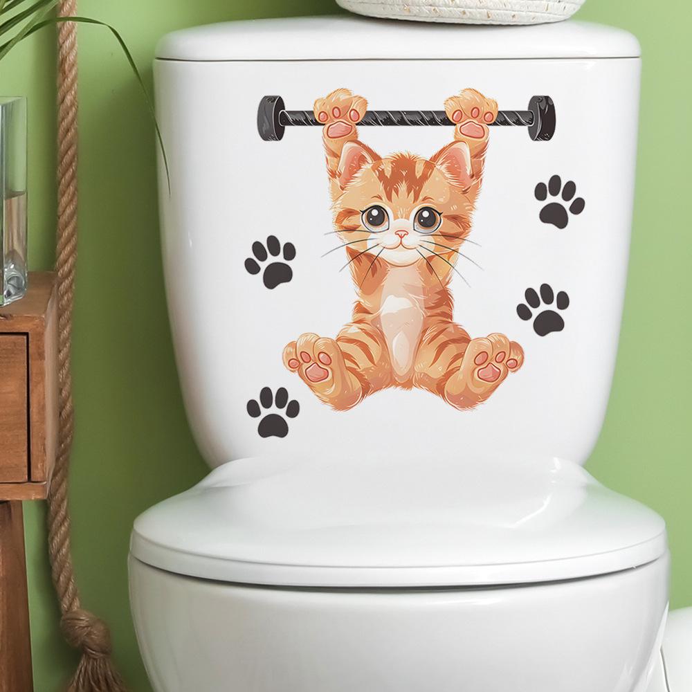 Fitness Kitten Toilet Seat Sticker Bathroom Decor Playful Removable Self-Adhesive Decal