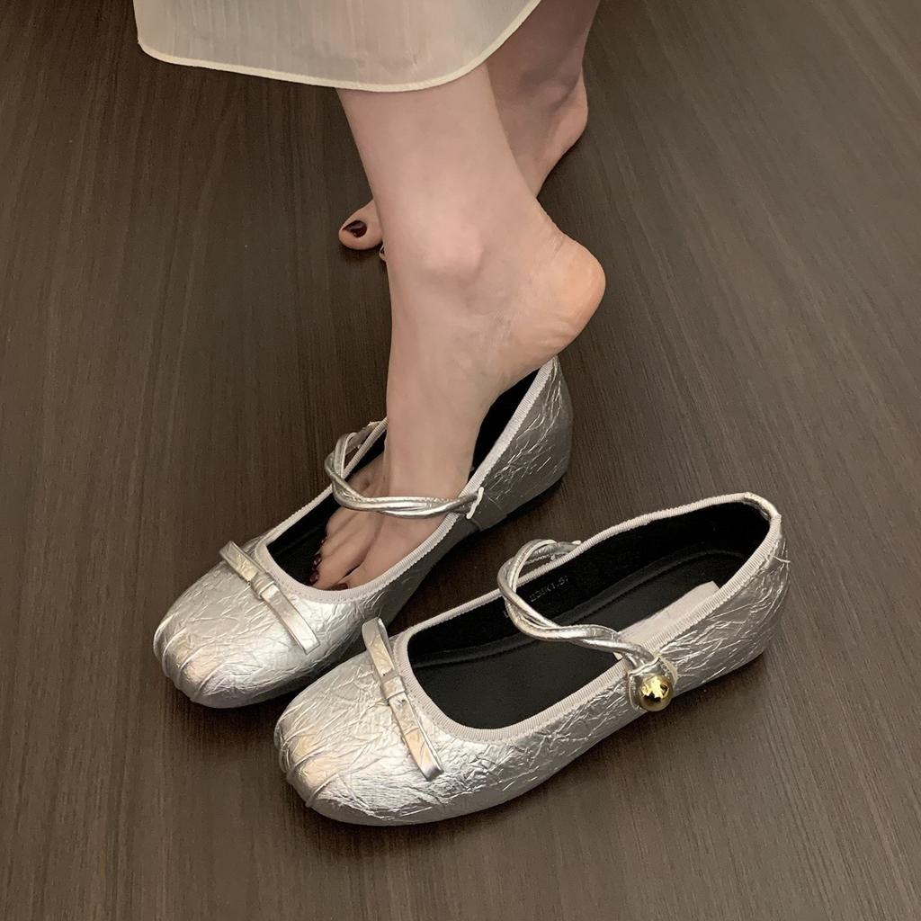 Inner Height Increase Silver Mary Jane Shoes Women's Head Bow Light Mouth Single Shoes