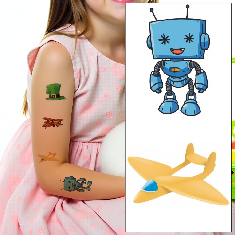 54pcs Temporary Tattoo Waterproof Long-lasting Body Stickers Robot Sticker Red Airplane Green Hat For Arms Shoulders Girls