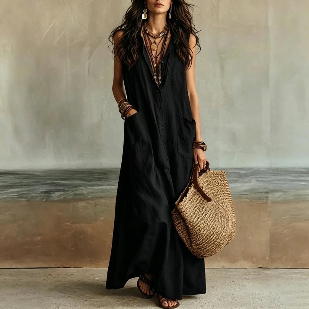 Women Sleeveless Bohemian Button Down Pocket Casual Long Shirt Dress Lightweight Loose Fit Summer Maxi Dress