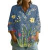 Women Button Front Vintage Floral Print Shirt Three Quarter Sleeve Loose Fit Blouse Casual Lightweight Top for Everyday Wear