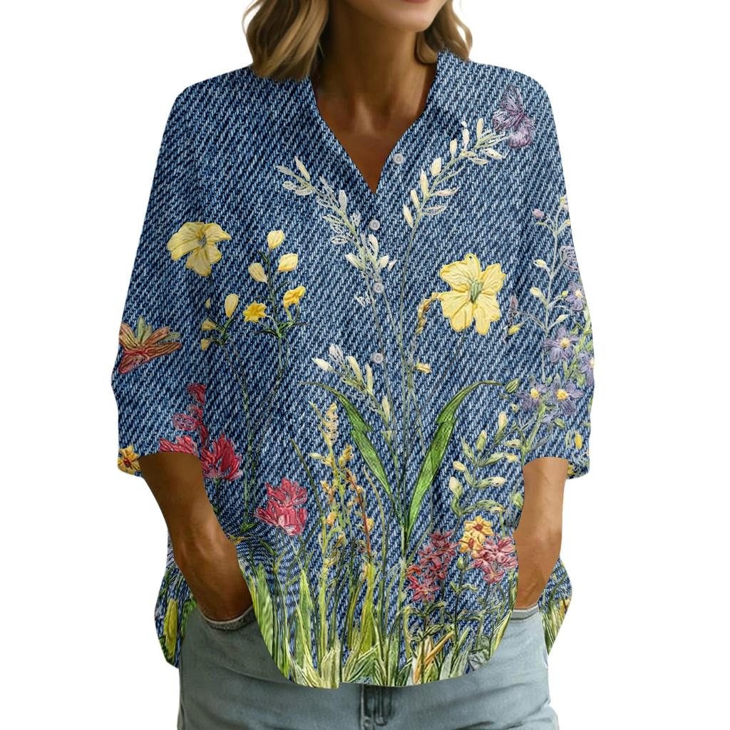 Women Button Front Vintage Floral Print Shirt Three Quarter Sleeve Loose Fit Blouse Casual Lightweight Top for Everyday Wear