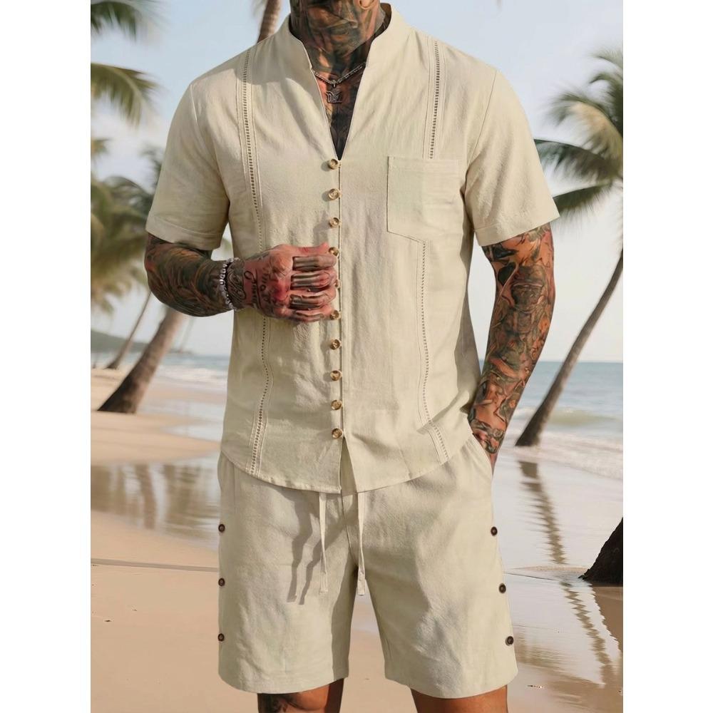 New Men’s Plain-coloured Vintage-style Casual Linen Short-sleeved Shirt and Shorts Set