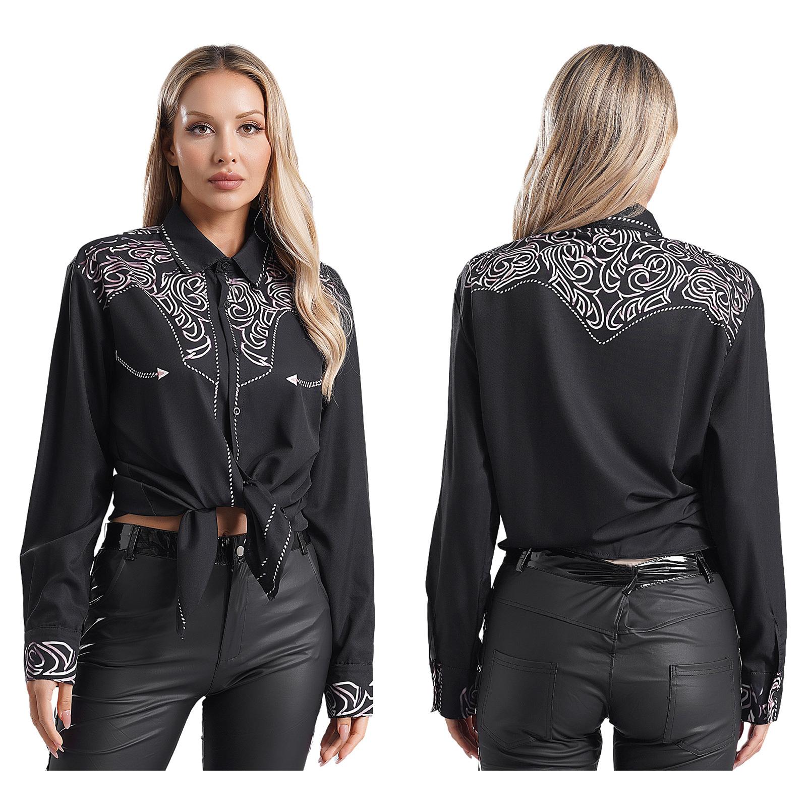 

Жіноча сорочка з довгими рукавами з ретро принтом Літні сорочки для відпочинку Повсякденні сорочки Верхня вінтажна пляжна сорочка Cowgirl Тематичний одяг для косплею для вечірок чорний