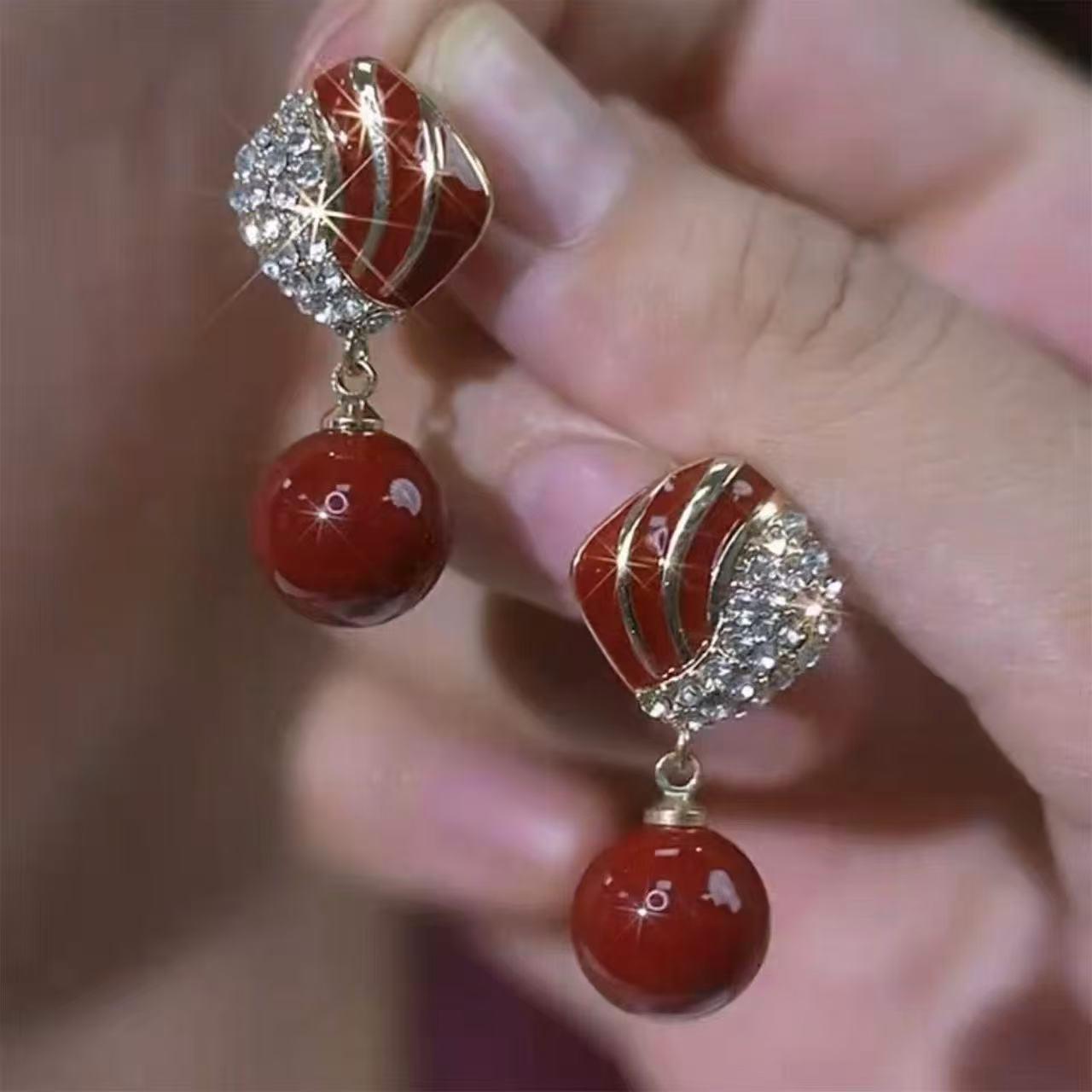 High-End Geometric Pearl & Rhinestone Red Glaze Earrings for Women 20250182000