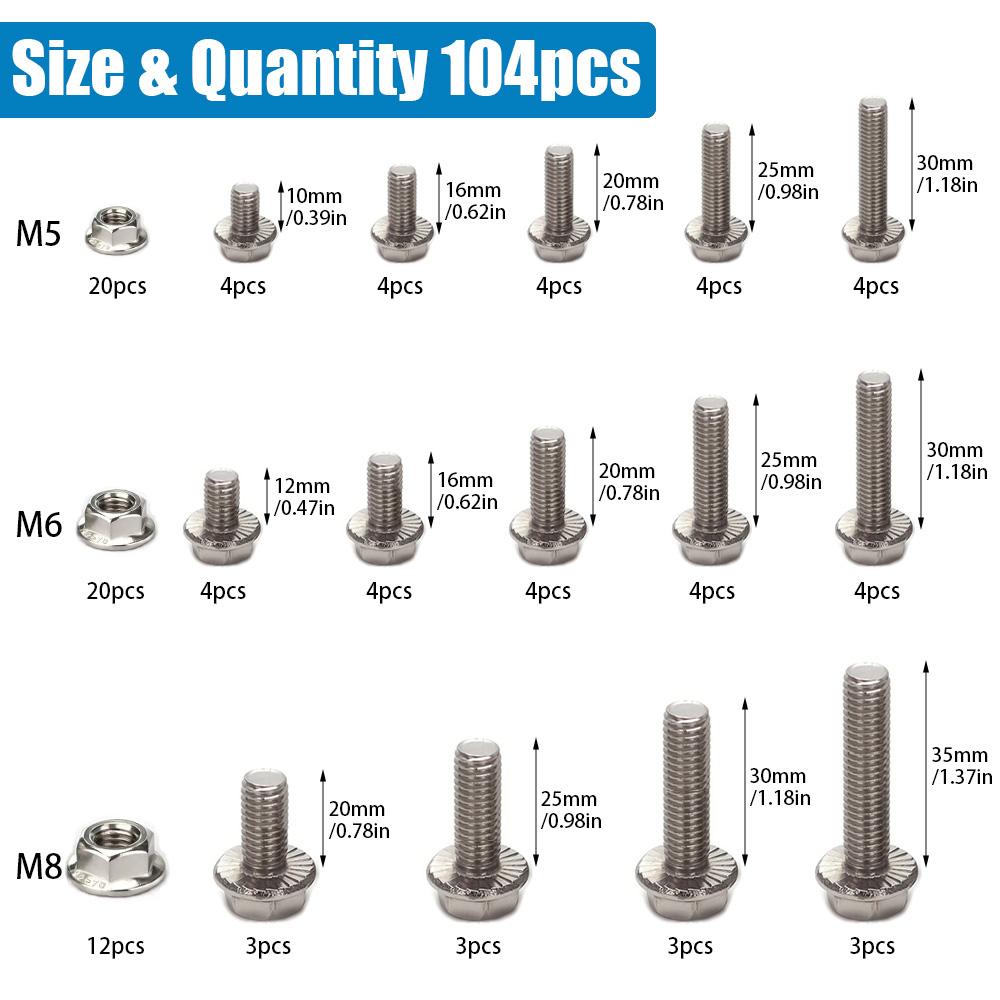 104 Pcs 304 Stainless Steel Hexagonal Flange Bolt and Nut Set, Sizes M5/M6/M8, Lengths: 10mm,12mm,16mm,20mm,25mm,30mm,35mm
