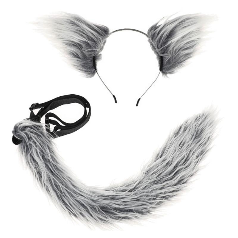 Wolf Tail Adjustable Belt Foxes Ears Hairband Plush Animal Tail Halloween Cosplay Accessories for Carnivals Parties