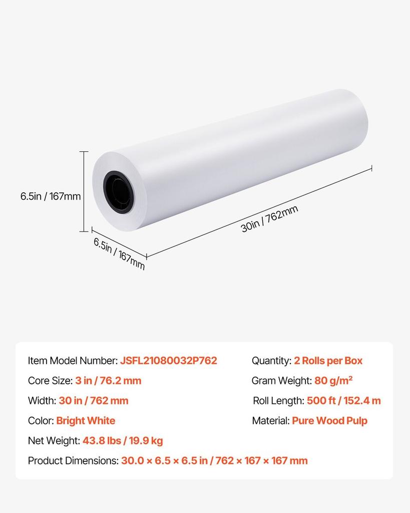 Wide Format Paper, 762 mm x 152.4 m Plotter Roll, 2 Rolls CAD Bond Rolls with 76.2 mm Core, 80 GSM Plotter Roll Rolls, for CAD Drawings, Engineering