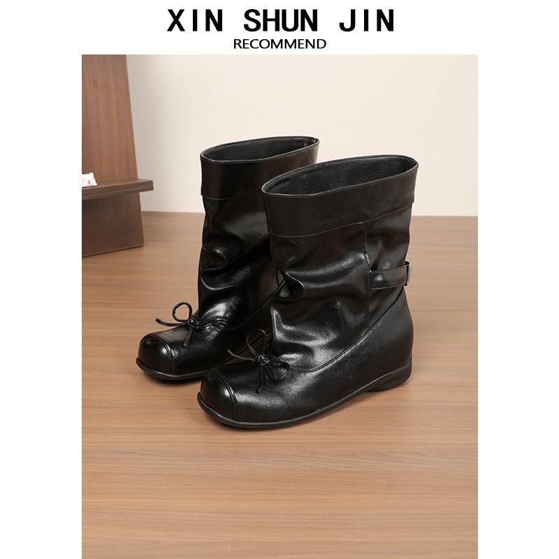 Square Head Retro Bow Thick-Soled Ballet Short Boots Slim Big Tube Circumferential Straight Western Cowboy Boots Sleeve Medium Tube