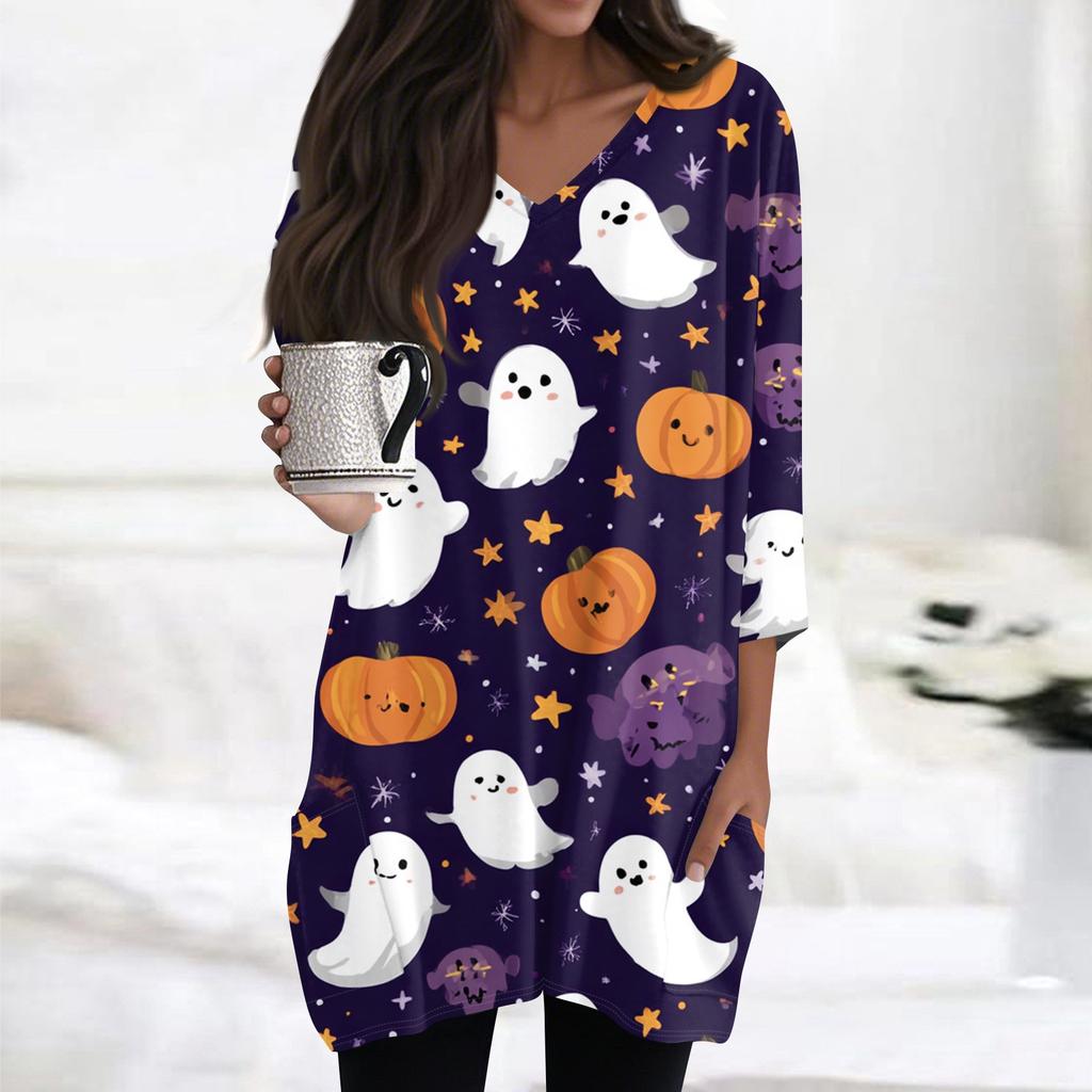Womens's Fashion Casual Halloween Print V-neck Mid Length Pocket 3/4 Sleeve Top