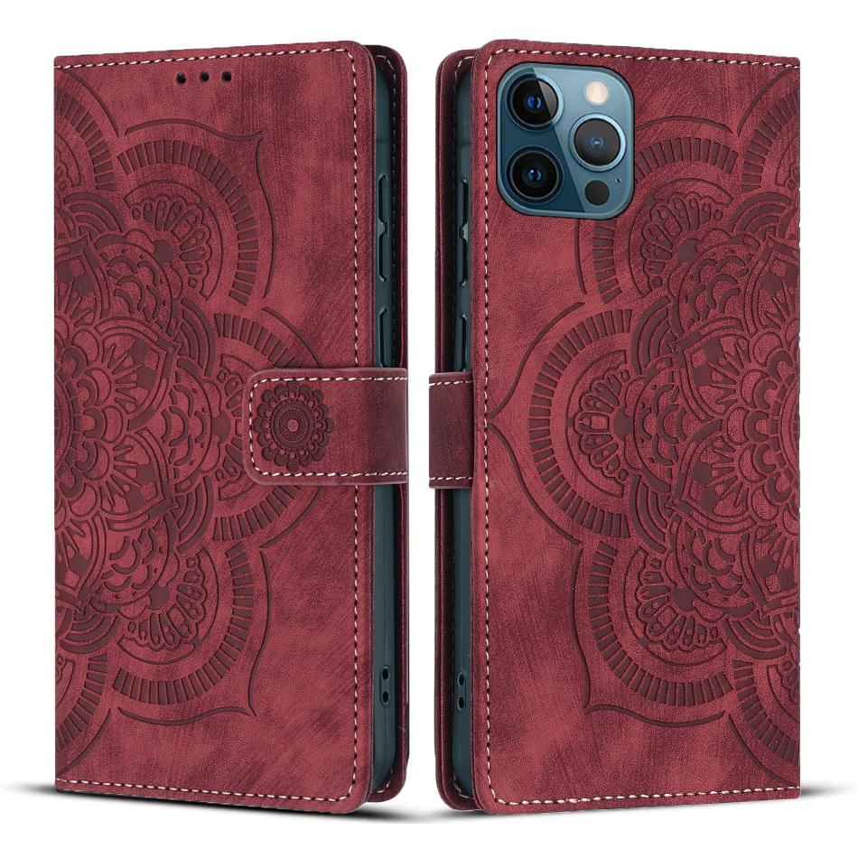 

For iPhone 12 Pro Max 6.7 inch Leather Case WANLONFENG HDM Series Mandala Imprint Wallet Stand Phone Cover Wine Red