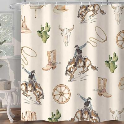 Western Cowboy Shower Curtain, Wild West Cowboy Ride Horse Cactus Bath Curtains, Farmhouse Country American West Theme Bathroo