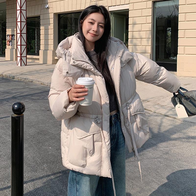 Winter New Medium and Long Pinghu Down Jacket Women's Leisure Thickened Waist Hooded Warm High-end