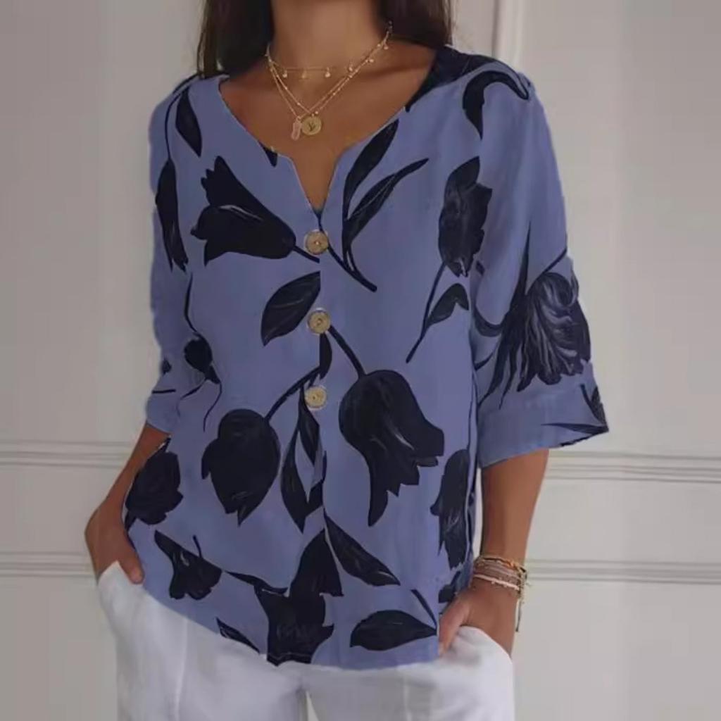 New Arrival Printed Cotton Linen V-neck Short Sleeve Pullover Blouse