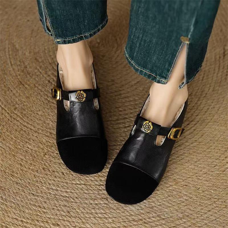 Camellia retro Mary Jane 2025 frosted new single shoes flat bottom shallow mouth versatile round head velvet warm leather shoes