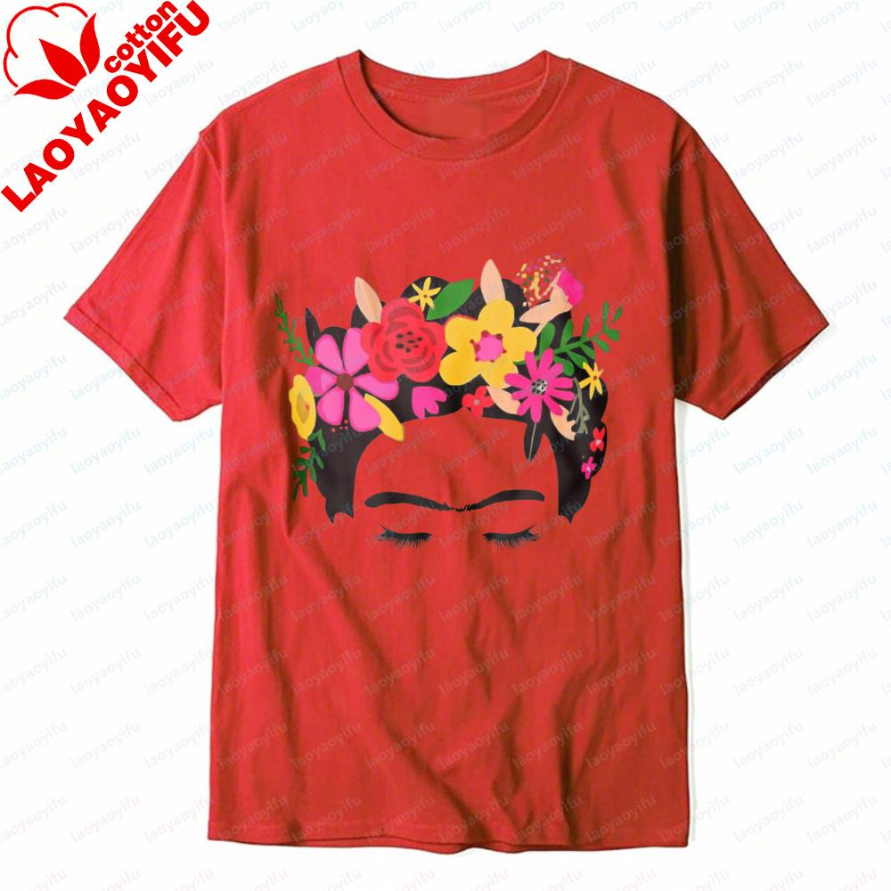 Frida Kahlo Floral Crown Graphic T-Shirt for Women Mexico Cultural Print Tee Boho Casual Short Sleeve Artistic Top Cotton Tshirt