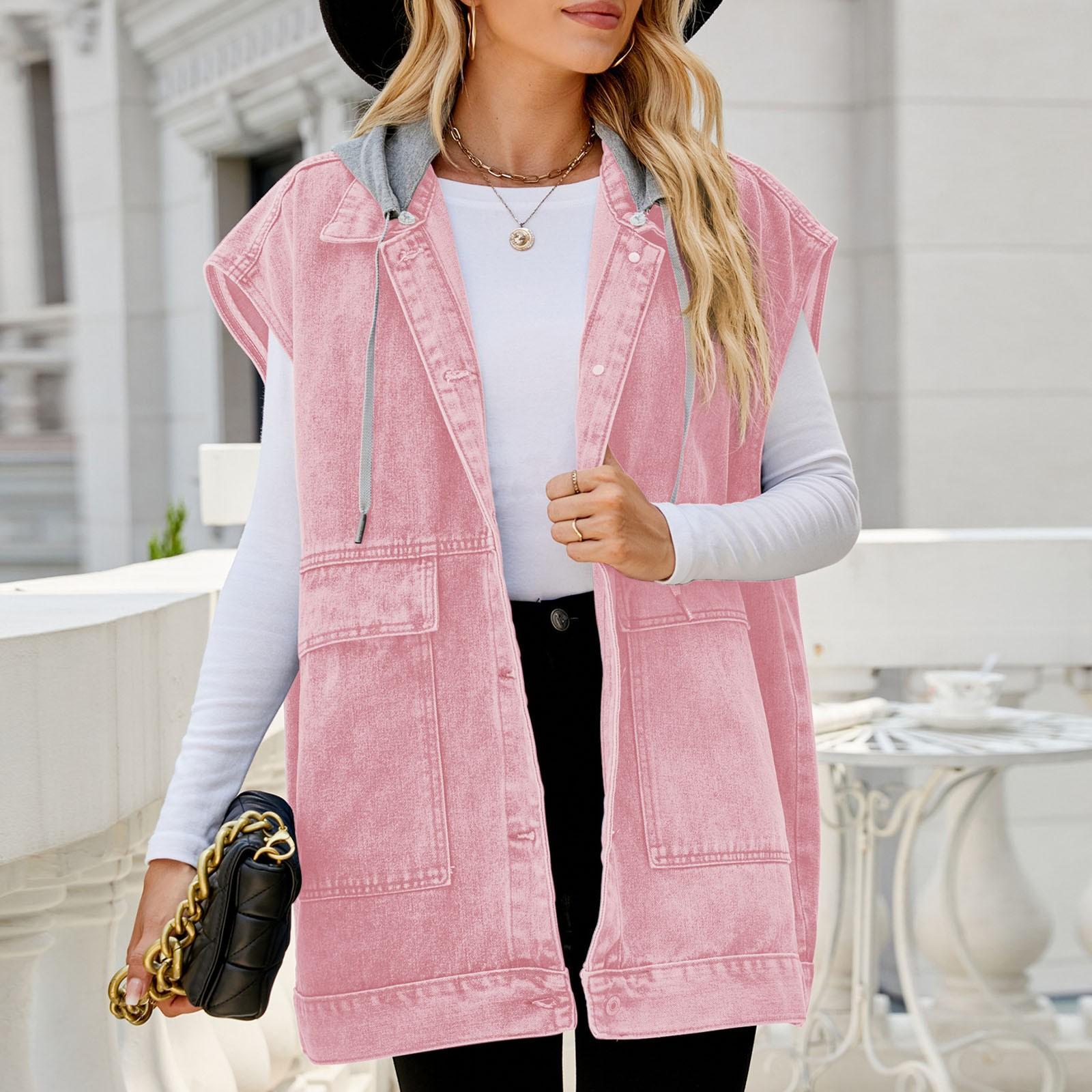 Женская повседневная свободная винтажная джинсовая жилетка с капюшоном S темно-синий — фото 8