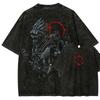 Bloodborne The Hunter Croquis T-shirt Double Face Lavage Acide Elden Ring Symbole de l'Anneau Gothique Dark Fantasy Noir Surdimensionné Unisexe Anime Jeu Streetwear