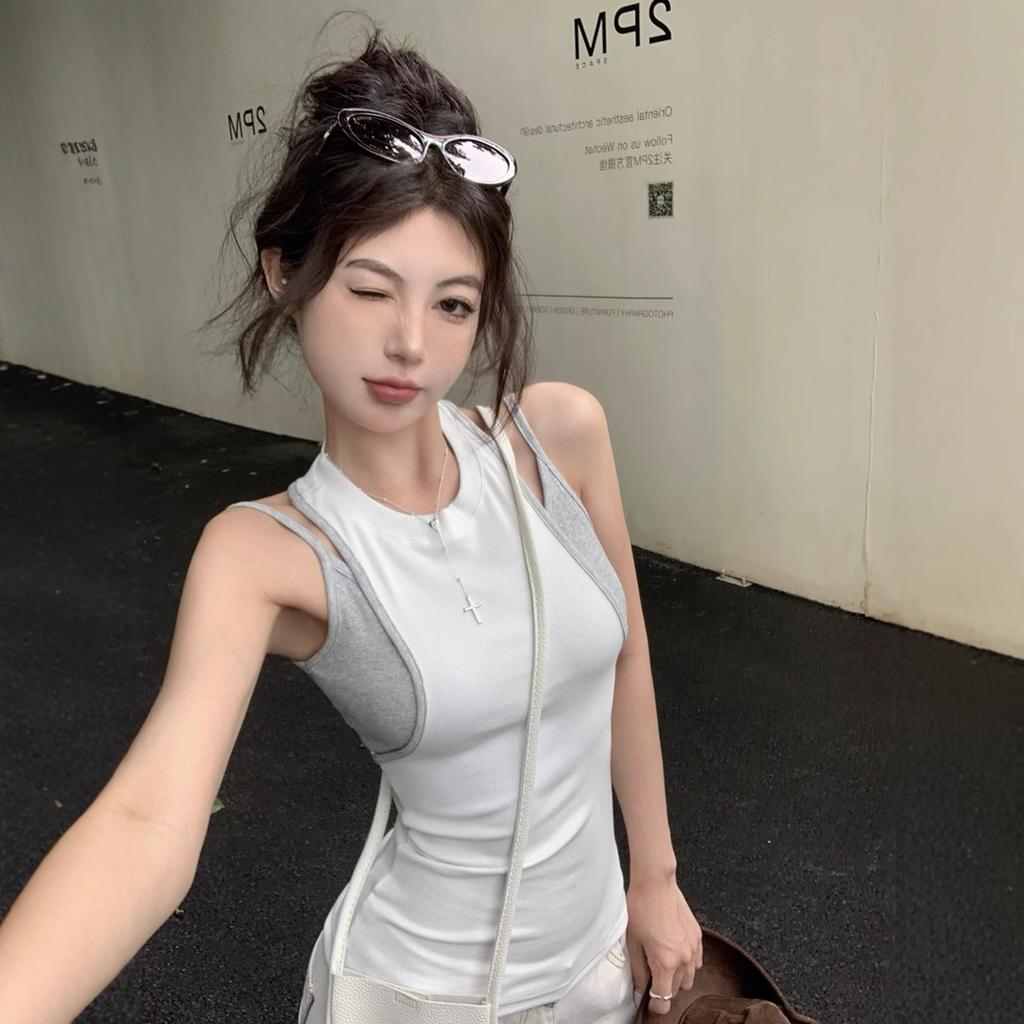 #Spice Girl Wind Fake Two-piece Contrasting Color Suspender Vest Women's Summer New Sexy Elastic Versatile Bottom Sleeveless
