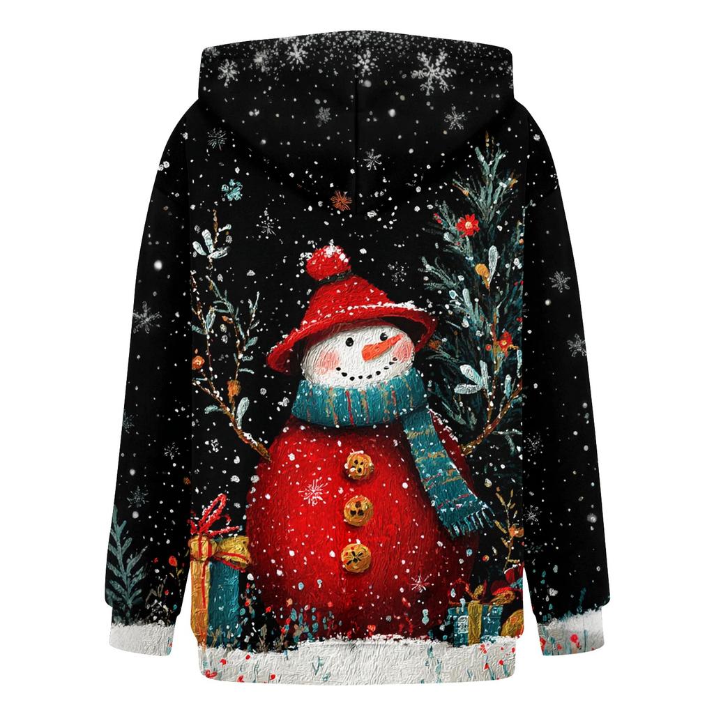 Women's Fashion Long Sleeve Christmas Print Loose Hooded Sweatshirt Top