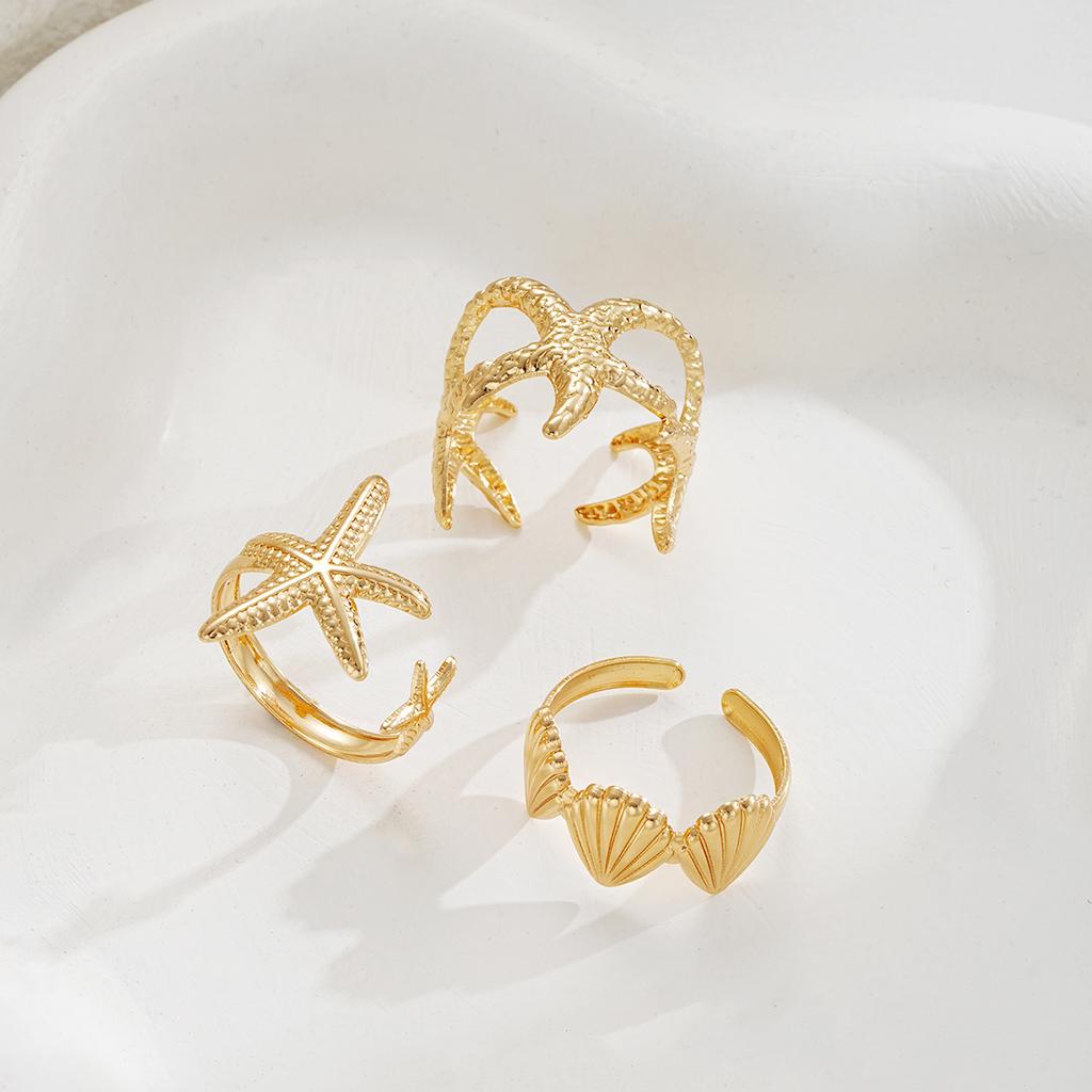 3 Stück/Set Seestern Muschel Offene Ringe Sets für Damen Vintage Goldfarbe Ozean Stil Ringe Mode Sommer Strandparty Schmuck Geschenke