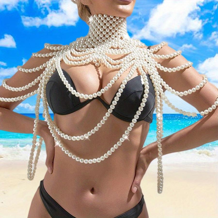 Handmade Faux Pearls Shawl Necklace Shoulder Chain Rave Body Chain Jewelry Festival Summer Beach Clothings Decoration