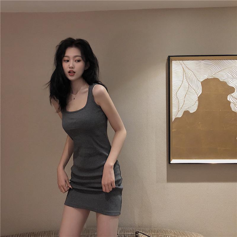 Tank skirt women s summer new suspender skirt French waist slim slim short skirt Spice girl hip wrap dress S серый