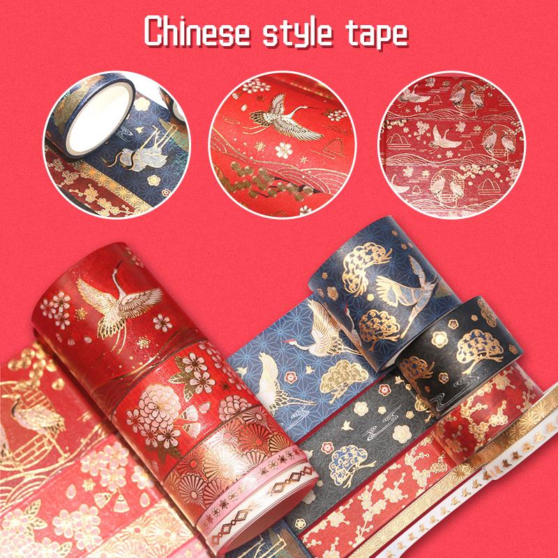 5pcs/set Washi Tape Chinoiserie Bronzing Crane Sakura Scrapbooking Decals Decor Masking Tapes Diary Planner Albums