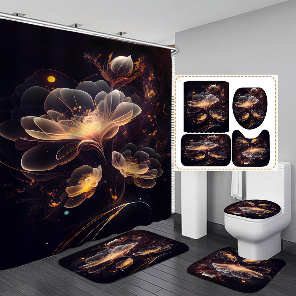 4Pcs Painted Floral Shower Curtain Set with Non-Slip Bath Mat, Toilet Lid Cover, Contour Rug & 12 Hooks, Bathroom Decor