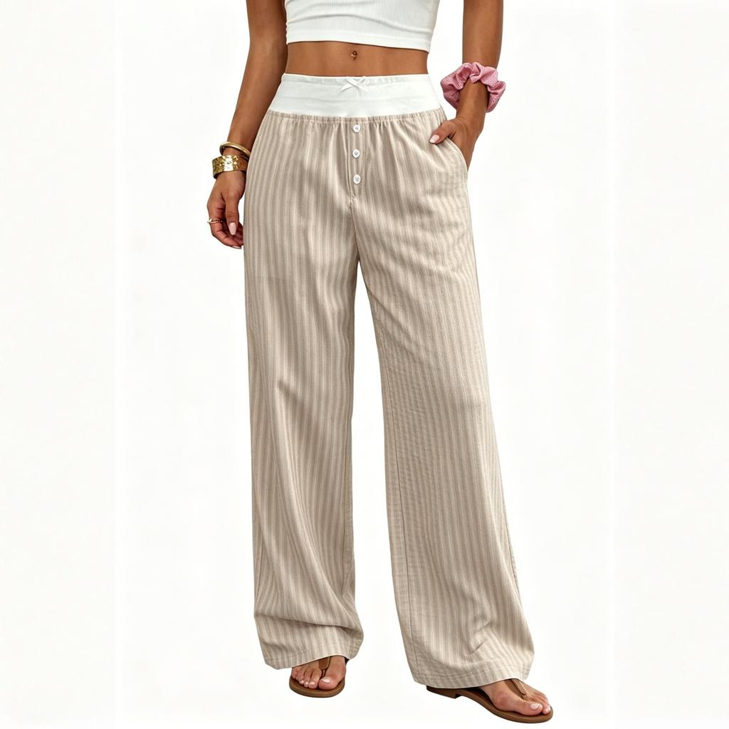 Ladies' Fashionable Casual Striped Wide Leg Pants