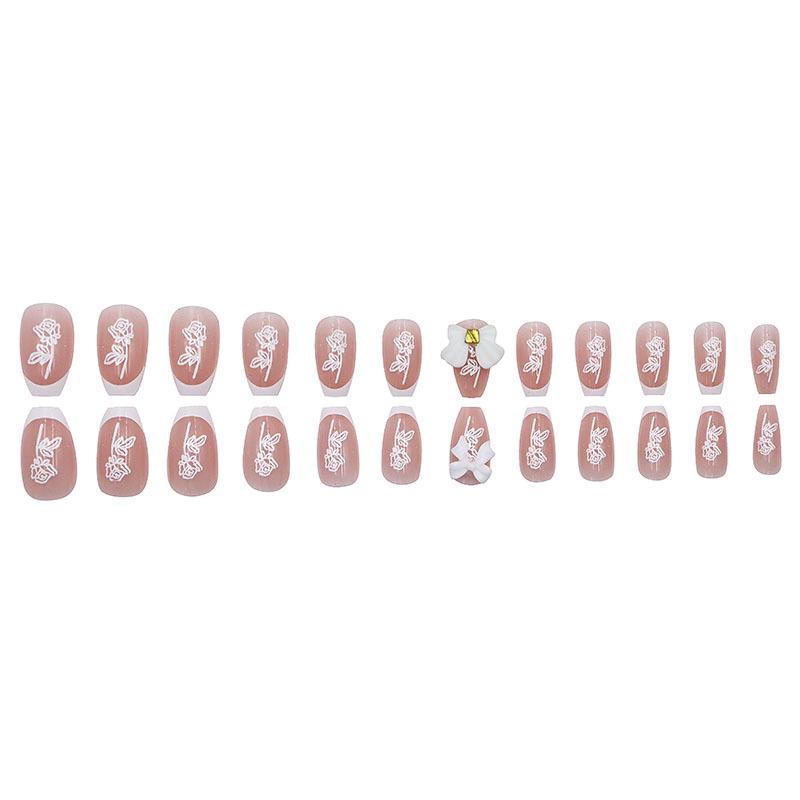 Frisch Purer Wunsch Stil Französischer Schleifenlinien Rosen Nagelkunst - Fertig zum Tragen Falsche Fingernägel