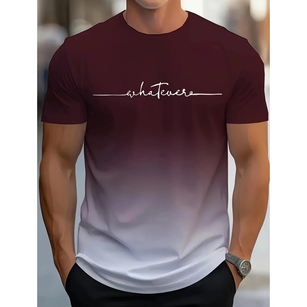 Summer Round Neck 3D Gradient Letters Print Top Fashionable Casual Short Sleeved Men's T-shirts
