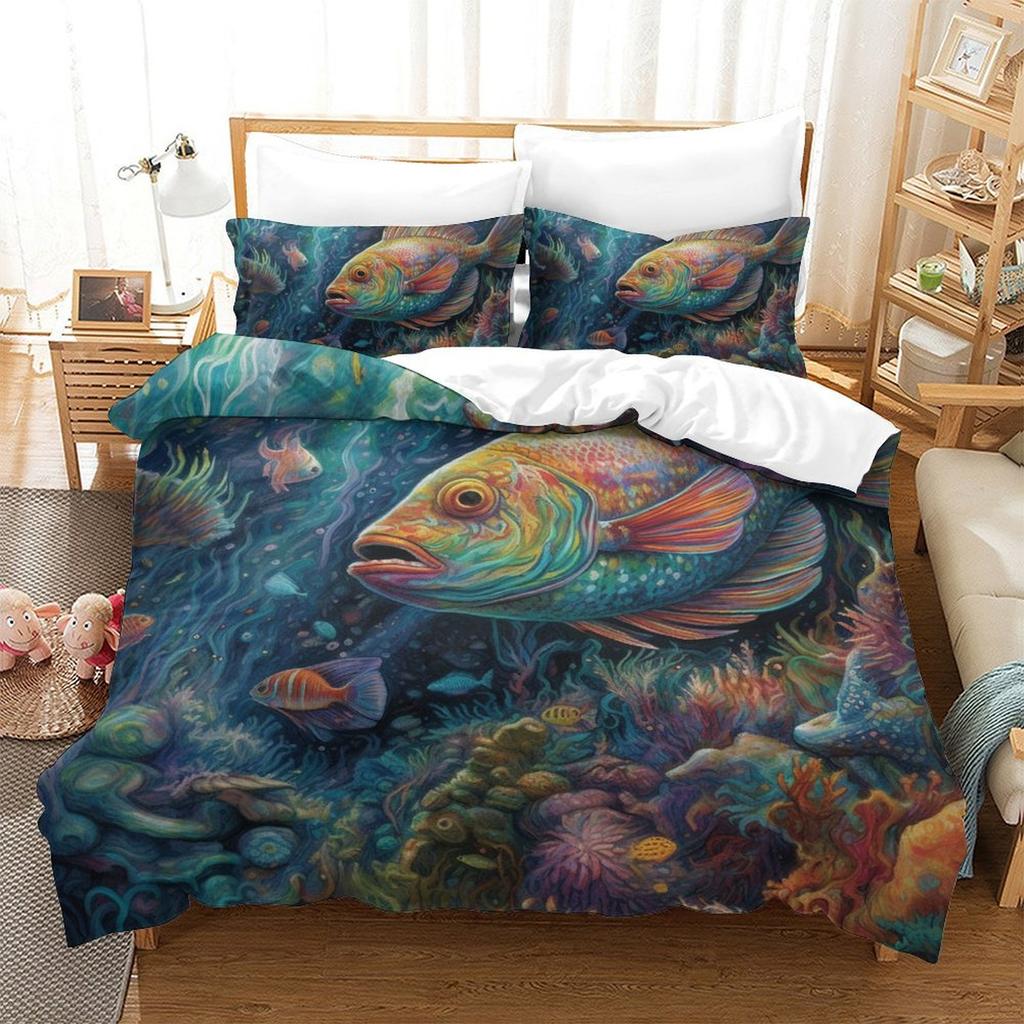 Colorful Fish 3D Digital Printing Polyester Quilt Cover Two Or Three Pieces Can Be