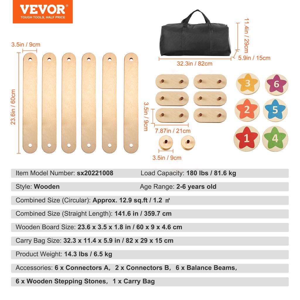 SucceBuy 6PCS Kids Balance Beam Stepping Stones Wooden Toddler Balance Boards Indoor/Outdoor Montessori Toy for Children Gifts