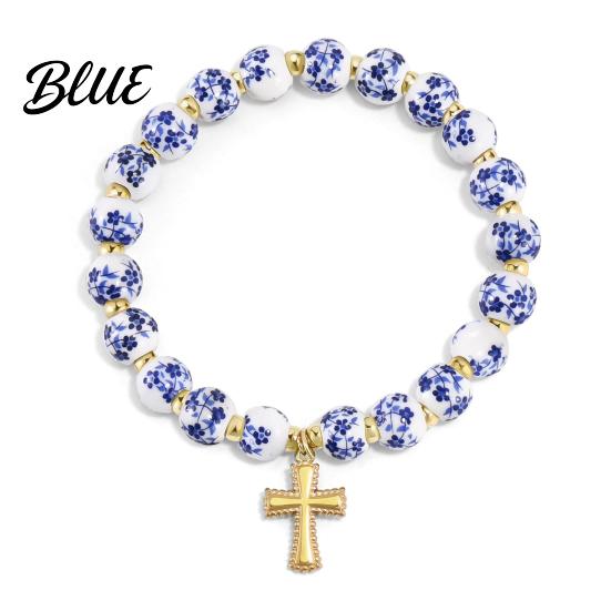 Daily Wear Bracelet Women Blue White Ceramic Beads Decor Elastic
