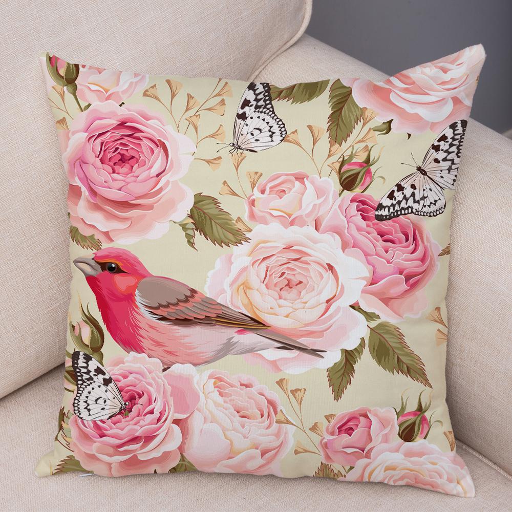 Nordicstyle Roses and Birds Cushion Cover Double Print Decor Plant Pillow Case Soft Plush Pillowcase for Sofa Home Children Room