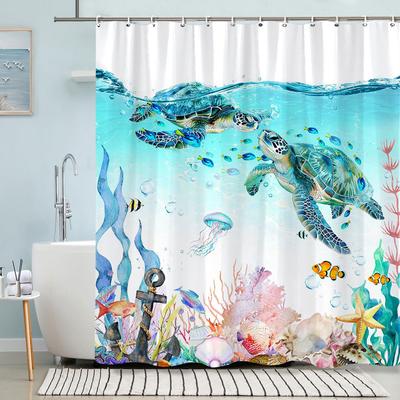 Cortina de Chuveiro Tartaruga Verão Praia Âncora Náutico Estrela do Mar Arte em Aquarela Criativa Poliéster Cortinas de Chuveiro Decoração de Banheiro