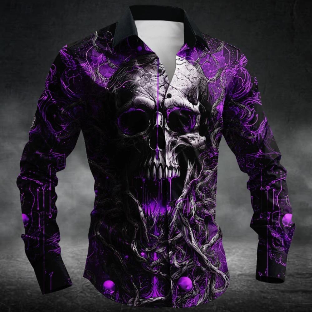 Men's Skull Head Printed Long Sleeve Shirts Casual Cardigan New Button Holiday Fashion Shirts