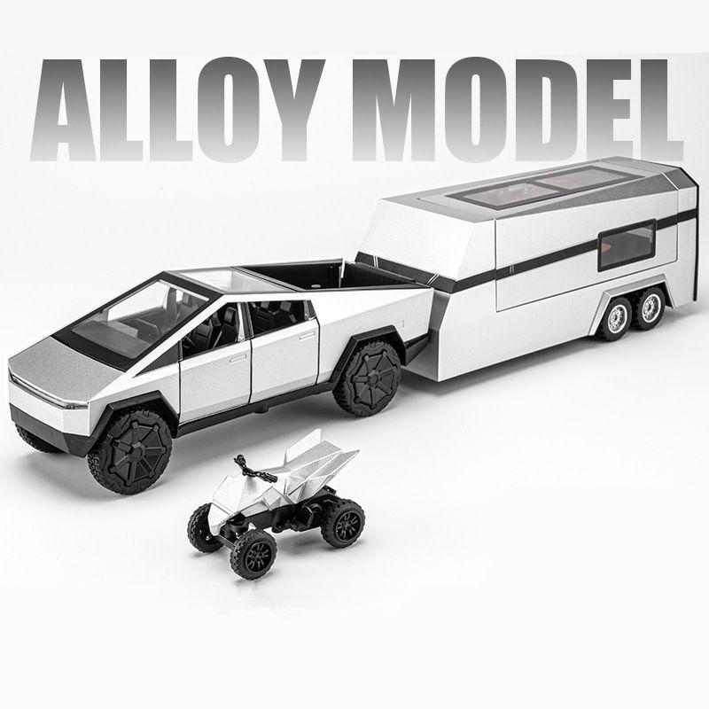 

Large Size 1/24 Cybers Truck Pickup Trailer Alloy Car Model Diecast Metal Camper Van Touring Car Model Sound Light Kids Toy Gift