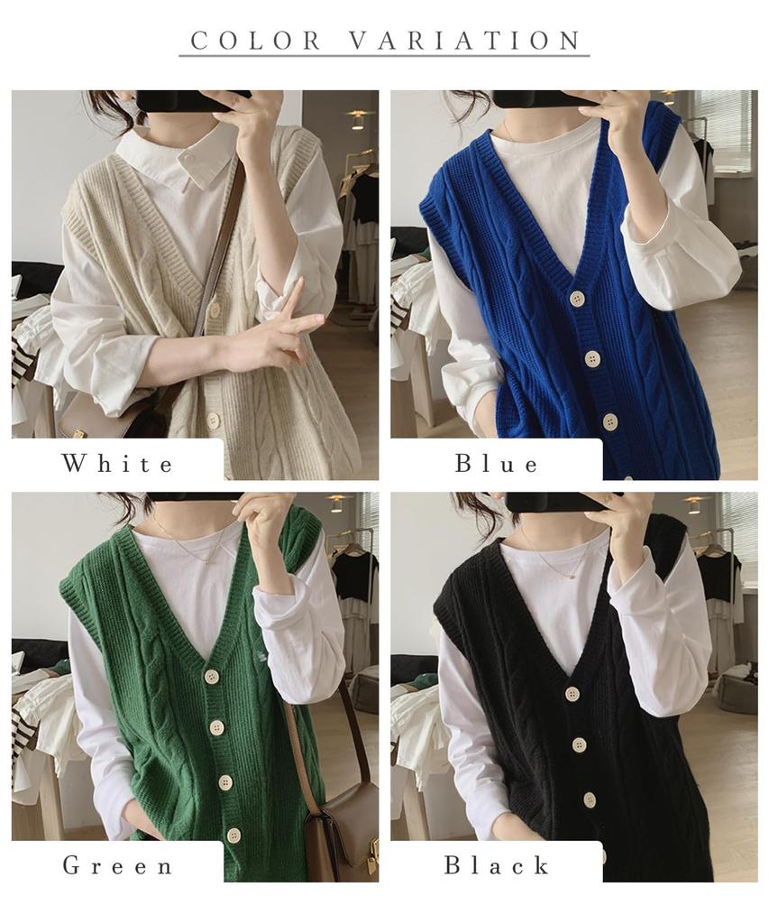 J.STORE Women's Cable Knit Vest, Casual, Outing, Loose Fit, Elegant, Spring/Autumn, School, V-Neck, Black, 5S-J03-BKM