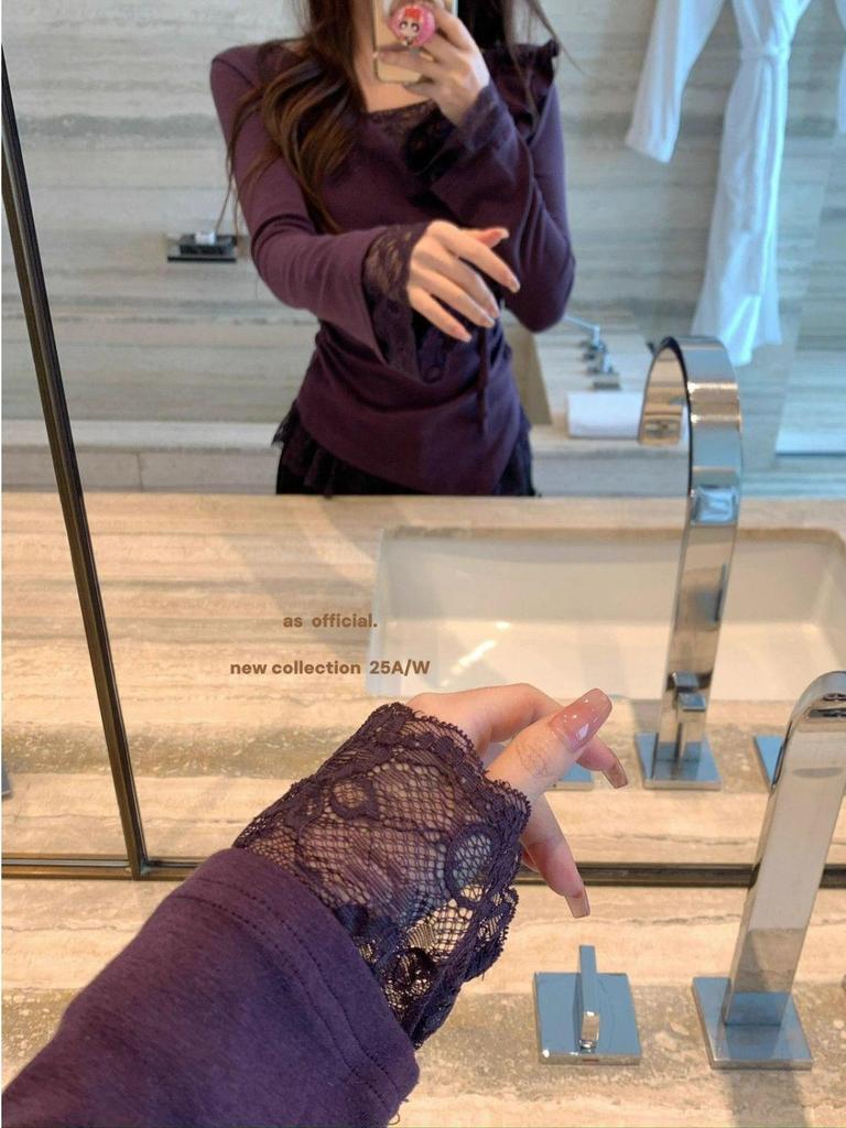 Velvet Lace Swing Collar Slim Fit Women's Long Sleeve Irregular Top