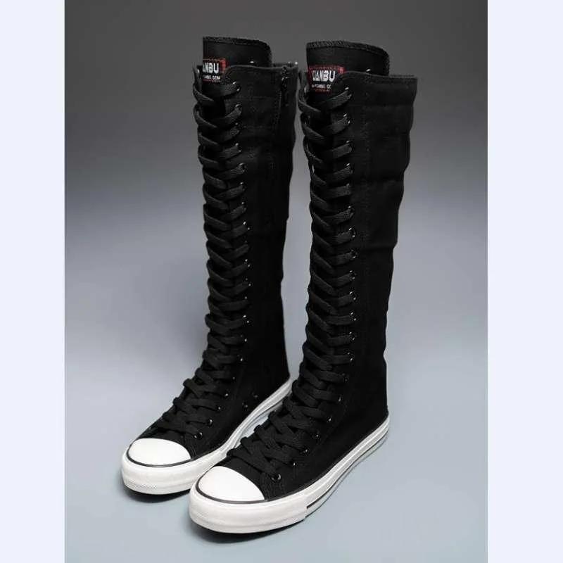 2026 New High Top Canvas Shoes for Women's Korean Edition Long Boot Lace-Up Zipper Comfortable Boot Zapatos De Mujer Tendencia