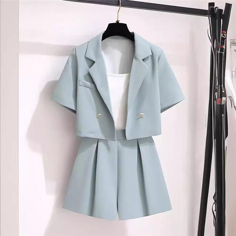 

Women s 2-Piece Blazer Outfit Short Sleeve Cropped Blazer Pleated Skirt Camisole Office Casual Set L
