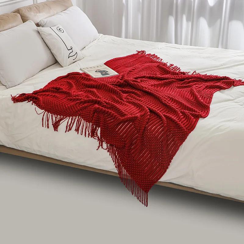 Luxury Solid Color Fringe Bean Blankets Tassels Knitted Throw Blanket Chunky Cozy Farmhouse Gift All Season Comfort For Home
