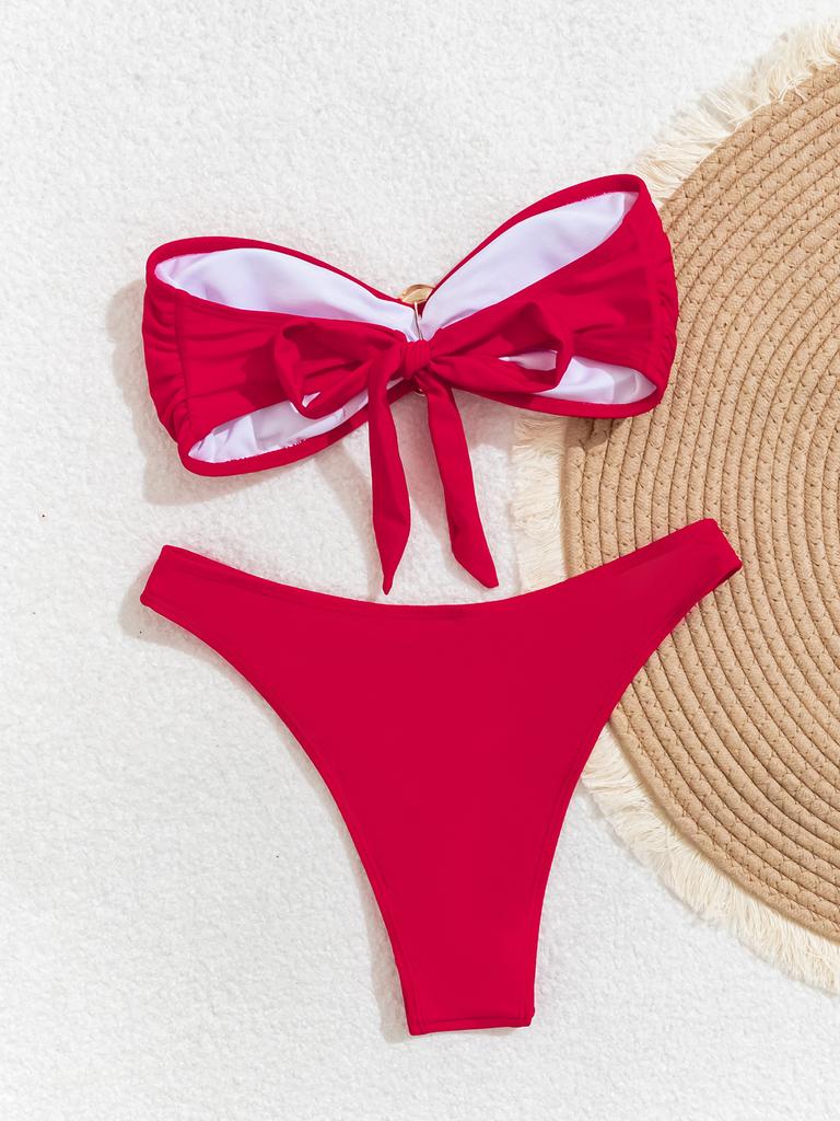 Solid Color Strapless Bandeau Sexy Split Bikini Swimsuit Women's Swimwear