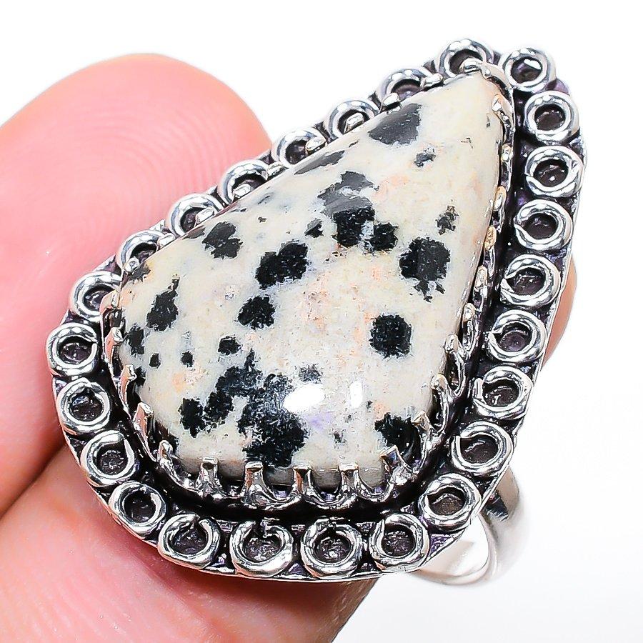 Dalmatiner-Jaspis-Edelstein, handgefertigt, 925er Sterlingsilber, Schmuckring, Größe 8